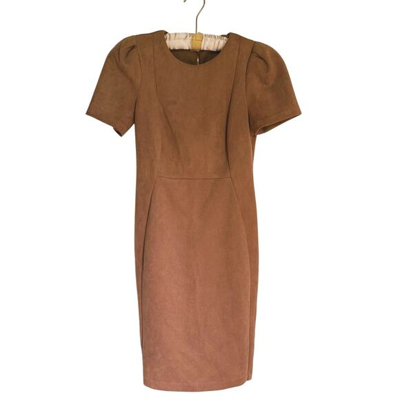 Calvin Klein Cap Sleeve Faux Suede Sheath Dress Camel Brown 4 Career Academia - Picture 3 of 10